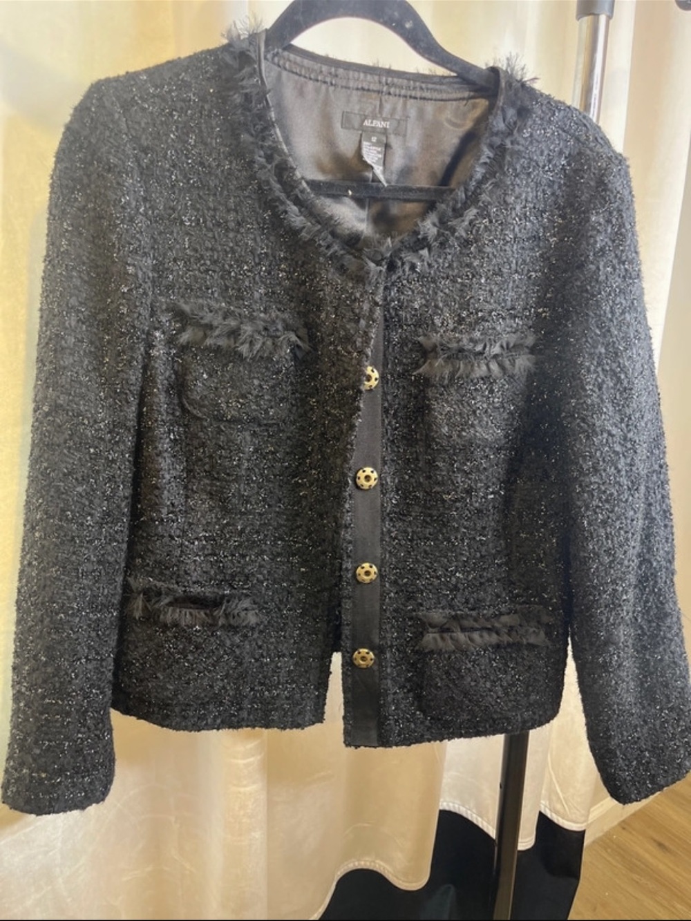 Alfani Black Bouclé Fringe-Trim Jacket with Gold Buttons